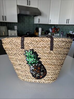 Blue Miami Woven Straw Tote with Sequin Pineapple Patch